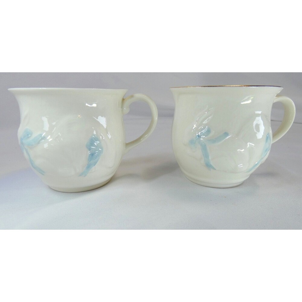 2 BELEEK Nursery Baptism Christening Cups Porcelain w Gold Ireland Bunny Twins